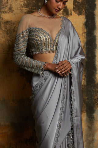 Gray nihaar lace trail saree set by Nitika Gujral at Mrs. G