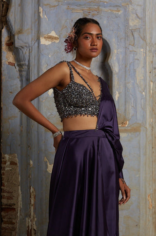 Purple nihaar satin saree set by Nitika Gujral at Mrs. G