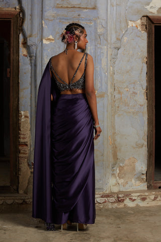 Purple nihaar satin saree set by Nitika Gujral at Mrs. G