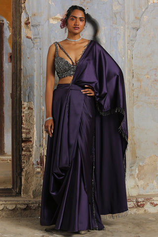 Purple nihaar satin saree set by Nitika Gujral at Mrs. G