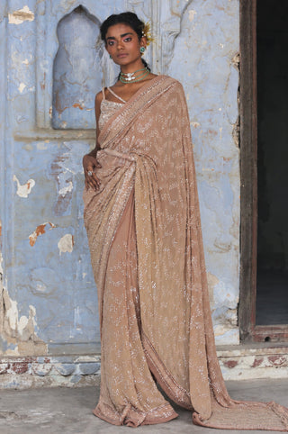 Beige nihaar ombre crystal saree set