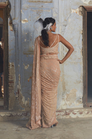 Beige nihaar ombre crystal saree set by Nitika Gujral at Mrs. G