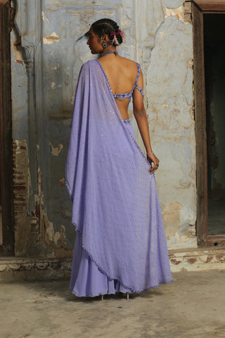 Purple nihaar pre-draped saree set by Nitika Gujral at Mrs. G