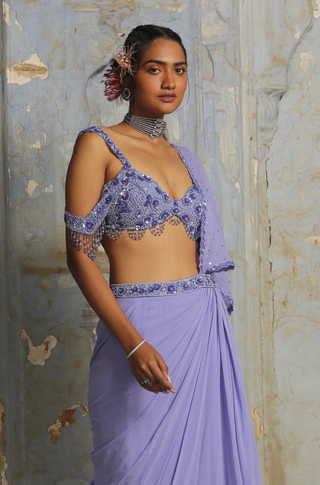 Purple nihaar pre-draped saree set by Nitika Gujral at Mrs. G