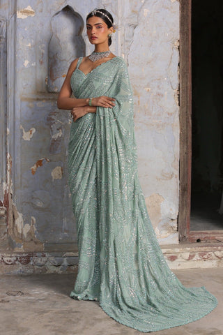 Green nihaar tonal crystal saree set by Nitika Gujral at Mrs. G