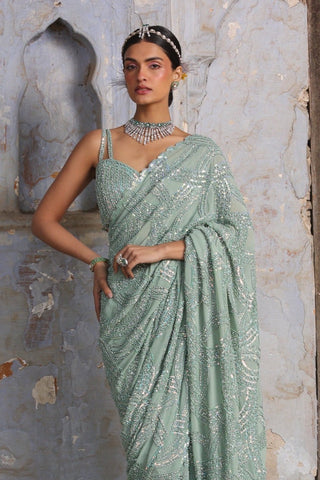 Green nihaar tonal crystal saree set by Nitika Gujral at Mrs. G