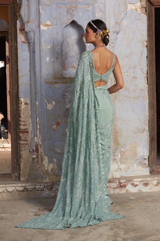 Green nihaar tonal crystal saree set by Nitika Gujral at Mrs. G
