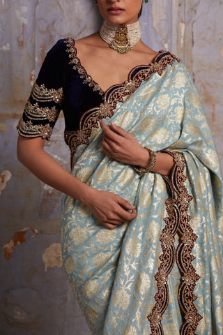 Green nihaar banarasi velvet saree set by Nitika Gujral at Mrs. G