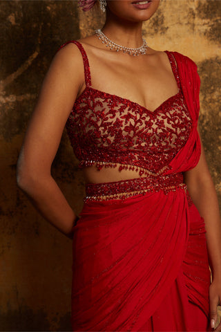 Red nihaar crystal beadwork saree set by Nitika Gujral at Mrs. G