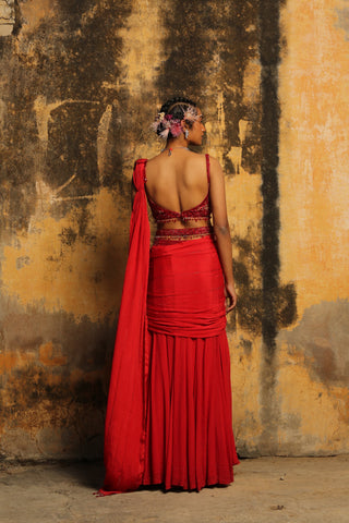 Red nihaar crystal beadwork saree set by Nitika Gujral at Mrs. G