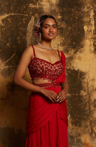 Red nihaar crystal beadwork saree set by Nitika Gujral at Mrs. G