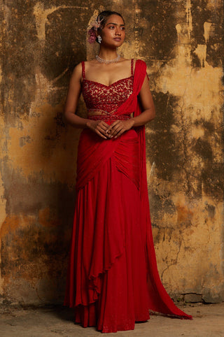Red nihaar crystal beadwork saree set by Nitika Gujral at Mrs. G