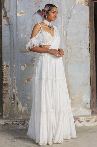 Ivory nihaar 3d floral saree set by Nitika Gujral at Mrs. G