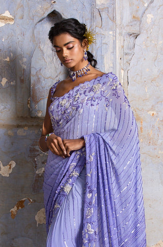 Blue nihaar ombre sequin saree set by Nitika Gujral at Mrs. G