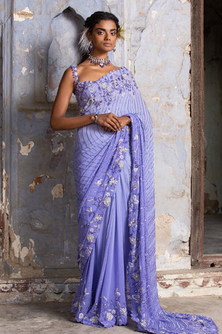 Blue nihaar ombre sequin saree set by Nitika Gujral at Mrs. G