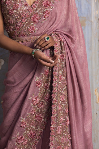 Pink nihaar 3d resham saree set by Nitika Gujral at Mrs. G