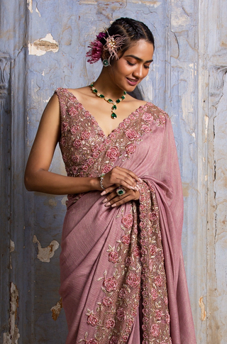 Pink nihaar 3d resham saree set by Nitika Gujral at Mrs. G