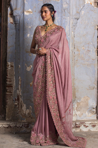 Pink nihaar 3d resham saree set by Nitika Gujral at Mrs. G