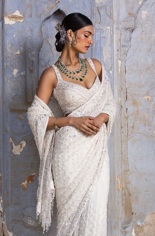 Ivory nihaar sequin saree set by Nitika Gujral at Mrs. G