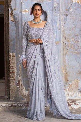 Gray nihaar feather fringe saree set by Nitika Gujral at Mrs. G