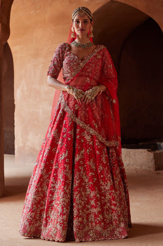 Red tarana floral embroidered lehenga set by Nitika Gujral at Mrs. G