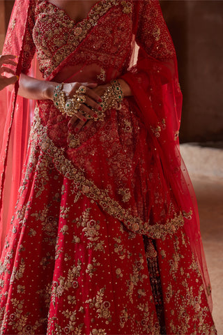 Red tarana floral embroidered lehenga set embroidery detail by Nitika Gujral at Mrs. G