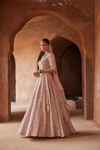 Pink tarana silk lehenga set by Nitika Gujral at Mrs. G