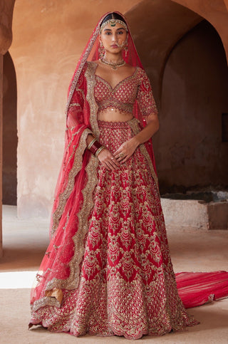 Red tarana jhoomar lehenga set by Nitika Gujral at Mrs. G