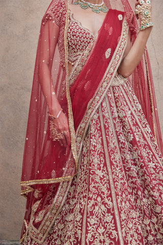 Maroon tarana velvet lehenga set by Nitika Gujral at Mrs. G