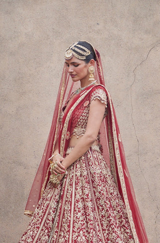 Maroon tarana velvet lehenga set by Nitika Gujral at Mrs. G