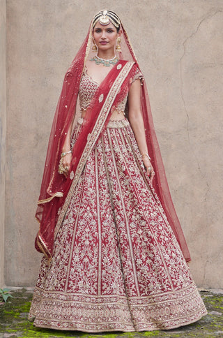 Maroon tarana velvet lehenga set by Nitika Gujral at Mrs. G