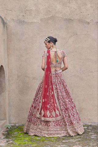 Maroon tarana velvet lehenga set by Nitika Gujral at Mrs. G
