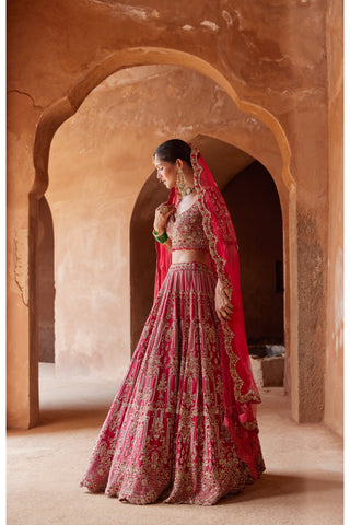 Red tarana raw silk lehenga set by Nitika Gujral at Mrs. G
