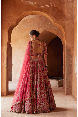 Red tarana raw silk lehenga set by Nitika Gujral at Mrs. G