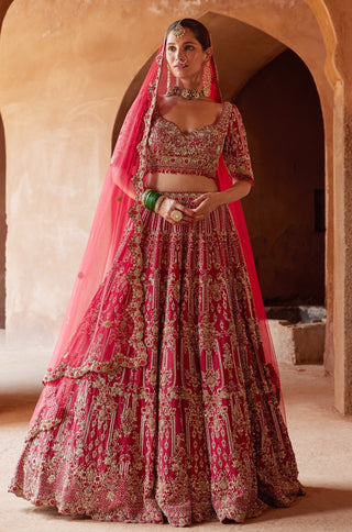 Red tarana raw silk lehenga set by Nitika Gujral at Mrs. G