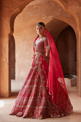 Red tarana cardinal silk lehenga set by Nitika Gujral at Mrs. G