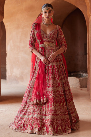 Red tarana cardinal silk lehenga set by Nitika Gujral at Mrs. G