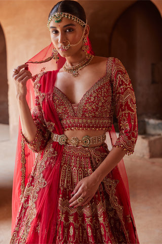 Red tarana cardinal silk lehenga set by Nitika Gujral at Mrs. G