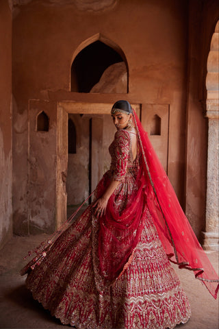 Red tarana cardinal silk lehenga set by Nitika Gujral at Mrs. G