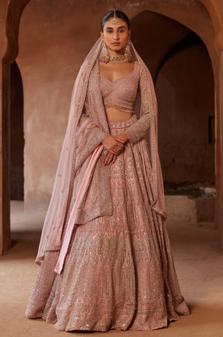 Pink tarana rose net lehenga set by Nitika Gujral at Mrs. G