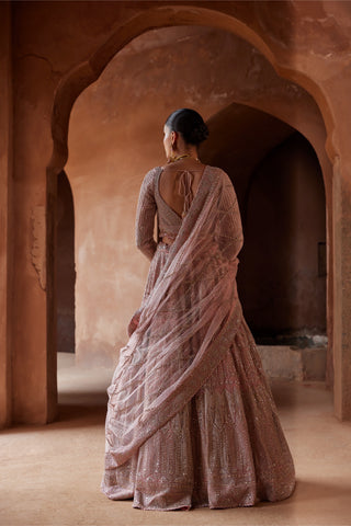 Pink tarana rose net lehenga set by Nitika Gujral at Mrs. G