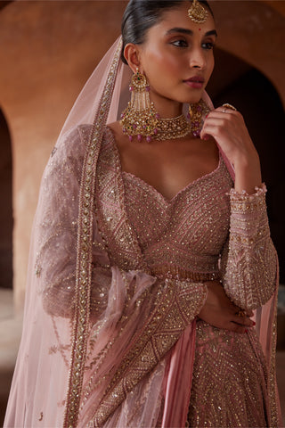 Pink tarana rose net lehenga set by Nitika Gujral at Mrs. G