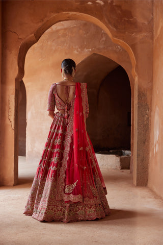 Red tarana floral lehenga set by Nitika Gujral at Mrs. G