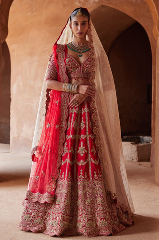 Red tarana floral lehenga set by Nitika Gujral at Mrs. G