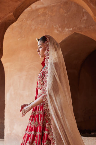 Red tarana floral lehenga set by Nitika Gujral at Mrs. G