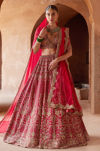Red tarana embroidered raw silk lehenga set by Nitika Gujral at Mrs. G