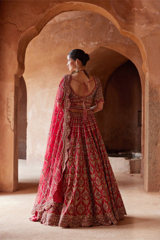 Red tarana embroidered lehenga set by Nitika Gujral at Mrs. G