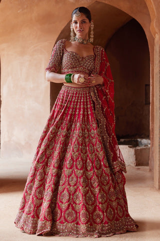Red tarana embroidered lehenga set by Nitika Gujral at Mrs. G