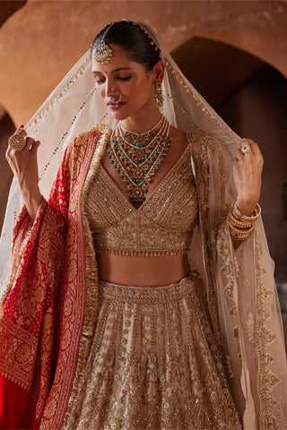 Gold tarana embroidered lehenga set by Nitika Gujral at Mrs. G