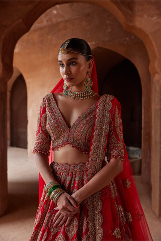 Red tarana lehenga set by Nitika Gujral at Mrs. G